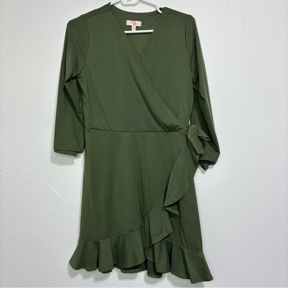 GB Girls Green Faux Wrap Dress XL Youth Long Sleeve Flowy Casual Stretch